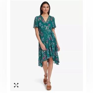 Calvin Klein Green Floral High-Low Wrap Dress